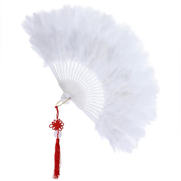 Accessories - White Marabou Feather Folding Fan Red Tassel Lolita Burlesque Showgirl Flapper